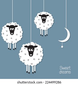 Cute sheep and moon in paper cut out style. Sheep counting concept