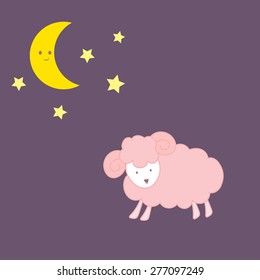 Cute sheep with moon and star. vector cartoon design illustration. 