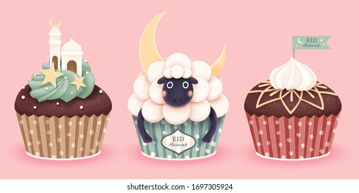 Cute Schafe und Moschee-Cupcakes für Ramadan mit Crescent und Sternendekationen einzeln auf rosafarbenem Banner