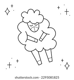 A cute sheep is napping. Doodle black and white vector illustration.