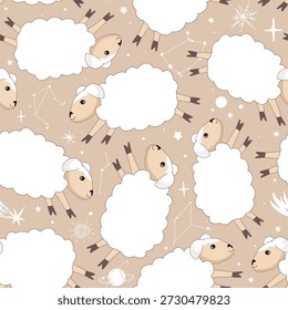 Bonitas ovelhas no céu noturno padrão sem emenda. Borregos brancos, constelações, planetas e estrelas viveiros fundo. Design para impressões, tecido, têxtil, papel de parede, papel de embrulho. Ilustração vetorial.