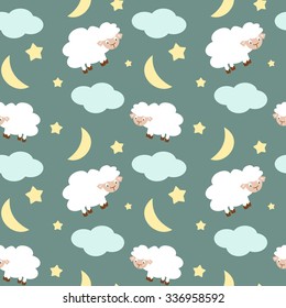 cute sheep in the night sky with stars moon and clouds seamless vector pattern background illustration