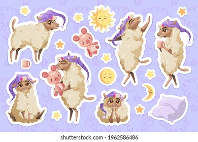 Cute sheep in nightcap, cartoon animal stickers set. Little fluffy lamb mascot with funny face hugging pig toy, wear curlers on fur, drink milk before night sleep. Kawaii character isolated patches