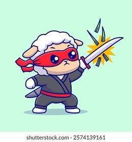 Cute Sheep Ninja Slash Grass With Katana Sword Cartoon 
Vector Icon Illustration. Animal Holiday Icon Concept Isolated 
Premium Vector. Flat Cartoon Style 