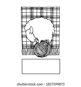 cute sheep on a ball of thread, logo or emblem for knitting, wool & cotton materials, vector illustration with black ink contour lines isolated on a white background in a doodle & hand drawn style