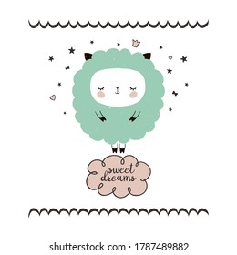 Cute sheep on the cloud. Lettering: sweet dreams. Baby vector illustration for baby shower, card, print, poster. 