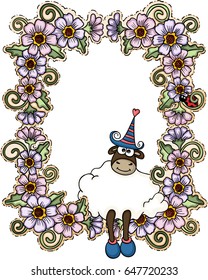Cute sheep on flowers frame