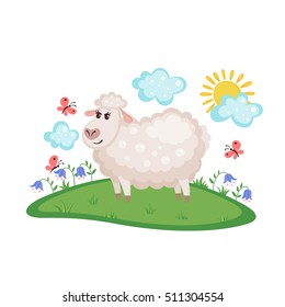 Cute sheep on a meadow with flowers and butterflies isolated on white background. Farm animal. Sheep in cartoon style. Vector illustration.