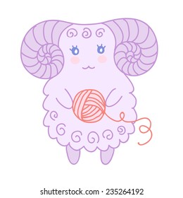 Cute sheep on a meadow. Greeting card with hearts, clover and flowers
