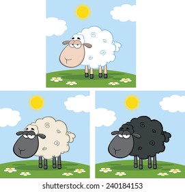 Cute Sheep On A Meadow. Vector Collection Set