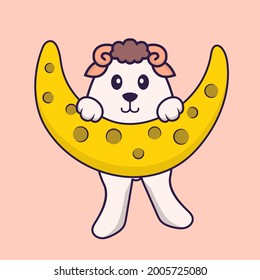 Cute sheep is on the moon. Animal cartoon concept isolated. Can used for t-shirt, greeting card, invitation card or mascot.