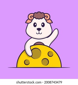 Cute sheep is on the moon. Animal cartoon concept isolated. Can used for t-shirt, greeting card, invitation card or mascot.