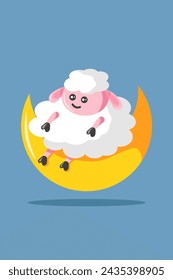 Cute Sheep on the Moon Cartoon Illustration