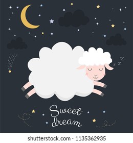 cute sheep on night with moon.