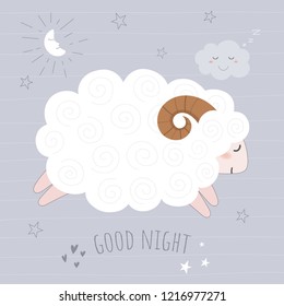 cute sheep on night with moon.