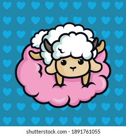 cute sheep on pink cloud, heart motif background, happy valentine day