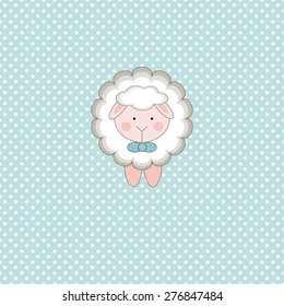 Cute sheep on polka dots blue background