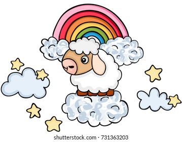 Cute sheep on sky with clouds and rainbow

