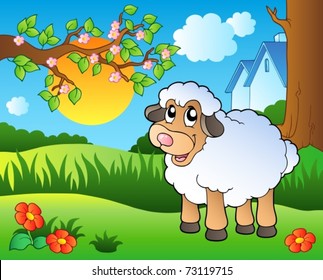 Cute sheep on spring meadow - vector illustration.