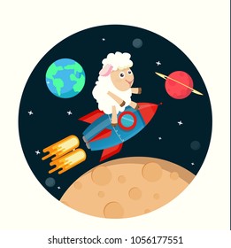Cute sheep on top of a rocket ship in space