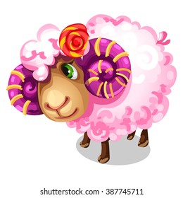 Cute sheep out of cotton candy, with horns made of candy. Vector illustration.