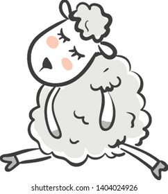 A cute sheep with an oval-shaped face and round body covered with blue wool sleeps while sitting isolated on white background viewed from the front, vector, color drawing or illustration.