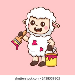 Cute Sheep Painting Cartoon Vector Icon Illustration. Animal Nature Icon Concept Isolated Premium Vector. Flat Cartoon Style