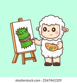 Cute Sheep Painting Grass Cartoon Vector Icon Illustration. 
Animal Art Icon Concept Isolated Premium Vector. Flat 
Cartoon Style 