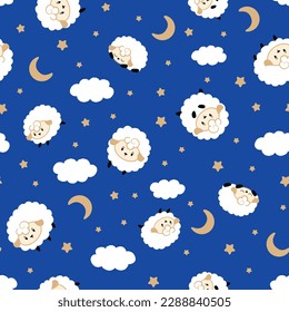 cute sheep pattern with clouds and stars on navy blue background