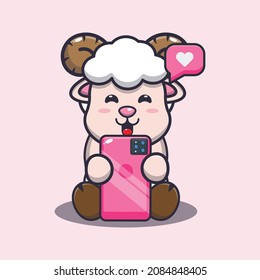 Cute sheep with phone. Cute cartoon animal illustration.
