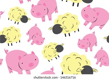 Cute Sheep and Pig Seamless Pattern