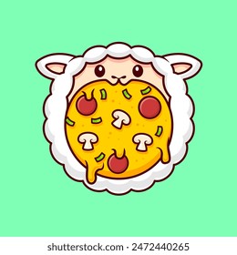 Cute Sheep Pizza Cartoon Vector Icon Illustration. Animal Food Icon Concept Isolated Premium Vector. Flat Cartoon Style