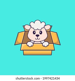 Cute sheep Playing In Box. Animal cartoon concept isolated. Can used for t-shirt, greeting card, invitation card or mascot.