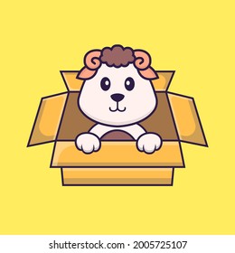 Cute sheep Playing In Box. Animal cartoon concept isolated. Can used for t-shirt, greeting card, invitation card or mascot.