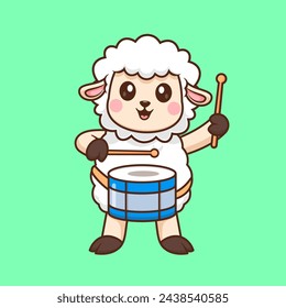 Cute Sheep Playing Drum Cartoon Vector Icon Illustration. Animal Music Icon Concept Isolated Premium Vector. Flat Cartoon Style