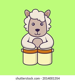 Cute sheep is playing drums.