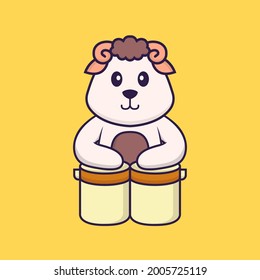 Cute sheep is playing drums. Animal cartoon concept isolated. Can used for t-shirt, greeting card, invitation card or mascot.