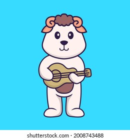 Cute sheep playing guitar. Animal cartoon concept isolated. Can used for t-shirt, greeting card, invitation card or mascot.