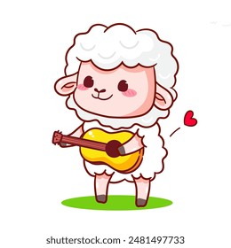 Lindo Oveja Jugando Personaje De Dibujos Animados De Guitarra. Adorable y Kawaii Animal Ilustración vectorial. Fondo blanco aislado. Diseño de Concepto de Mascota de Icono.