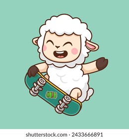 Cute Sheep Playing Skateboard Cartoon Vector Icon Illustration. Animal Sport Icon Concept Isolated Premium Vector. Flat Cartoon Style