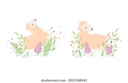 Cute Sheep Playing and Sleeping in Flowers Set, Adorable Little Fluffy Lamb Farm Animal in Pastel Colors Cartoon Vector Illustration