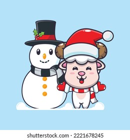 Cute sheep playing with Snowman. Cute christmas cartoon illustration.