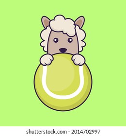 Cute sheep playing tennis. Vector Illustration