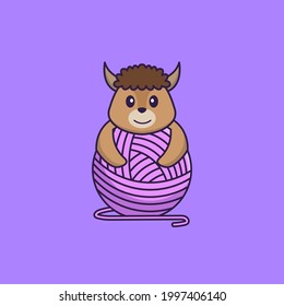 Cute sheep playing with wool yarn. Animal cartoon concept isolated. Can used for t-shirt, greeting card, invitation card or mascot.