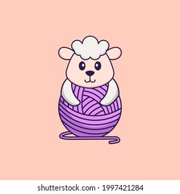 Cute sheep playing with wool yarn. Animal cartoon concept isolated. Can used for t-shirt, greeting card, invitation card or mascot.