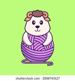Ovejas ricas jugando con hilo de lana. El concepto de caricatura animal aislado. Puede usarse para camisetas, tarjetas de felicitación, tarjetas de invitación o mascota.
