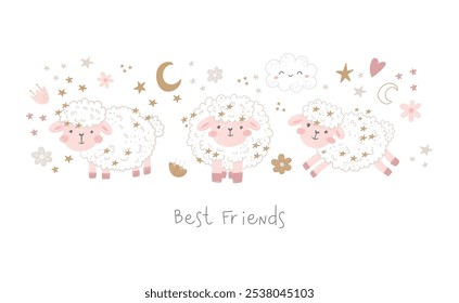 Cute sheep print. Set of three cute sheep isolated on white background. Children's collection for clothes, nursery, postcards, posters.