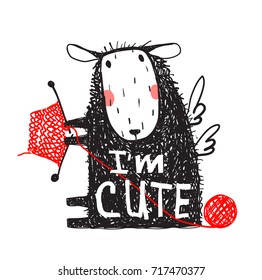 I am Cute Sheep Print with Sign. Sitting with hobby little adorable woolen animal greeting card. Vector illustration.