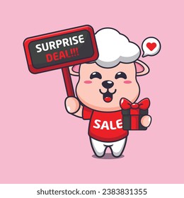 cute sheep with promotion sign and gift box in black friday sale cartoon vector illustration