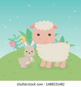 cute sheep and rabbit animals farm characters
